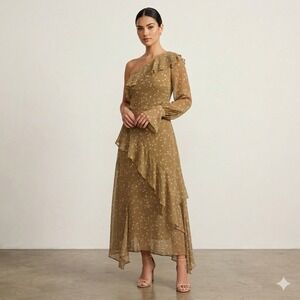 Rahi Cali One Shoulder Floral Ruffle Maxi Dress Women Small Tan Wedding Feminine